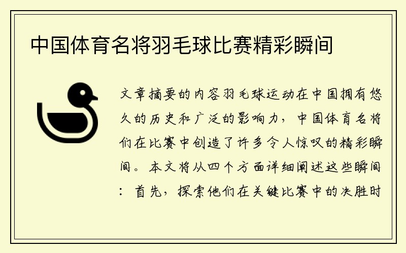 中国体育名将羽毛球比赛精彩瞬间